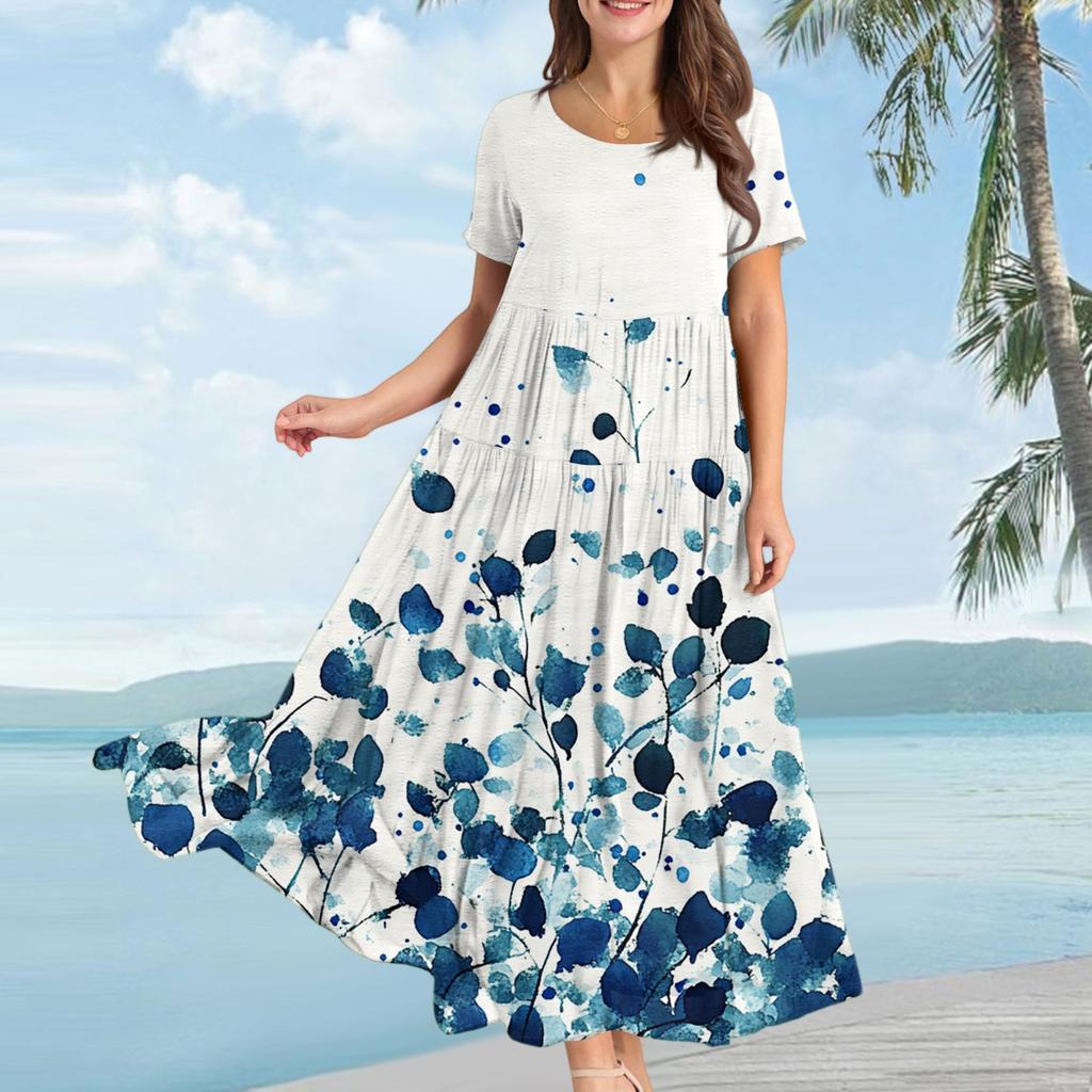 Damen Lässiges Lockeres Böhmisches Kleid mit Blumenmuster und Kurzen Ärmeln