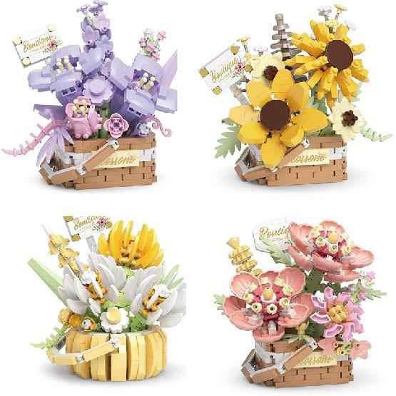 Flower Bouquet Building Decoration Bonsai Flower Basket Miniature Building Blocks Set, Artificial Flowers Building Toys Botanical Collection DIY 4set