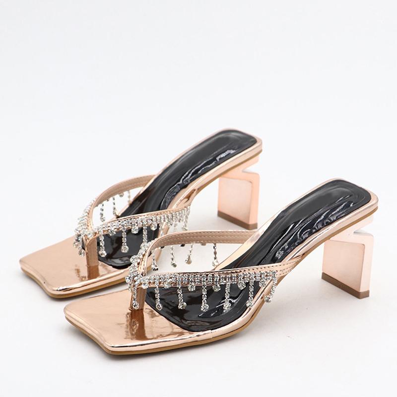 Liyke New Brand Strange High Heels Flip Flops Women Slippers Fashion Crystal Fringe V-Strap Sandals Shoes Mules Sliders