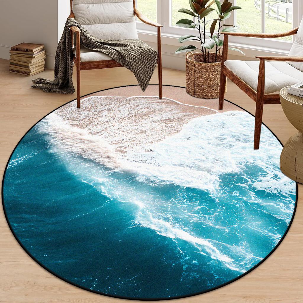 3D Beach Round Carpet Living Room Decoraiton Modern Light Luxury Large Room Lounge Rug Bedroom Decor Soft Fluffy Study Chair Mat