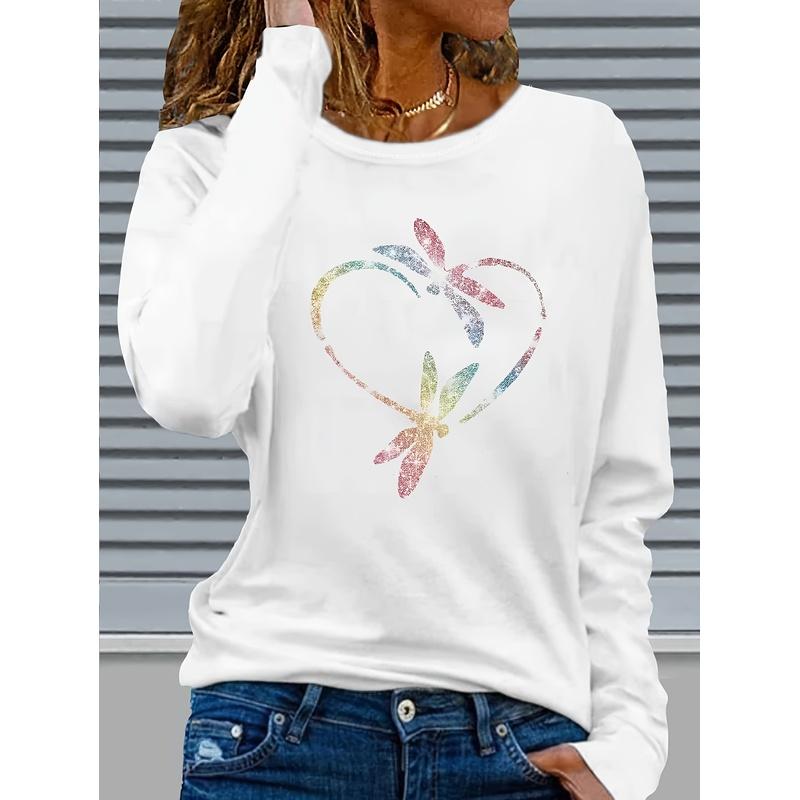 Women's Long Sleeve T-Shirt Colorful Dragonfly Heart Print Crew Neck Casual Loose Spring Fall Tops