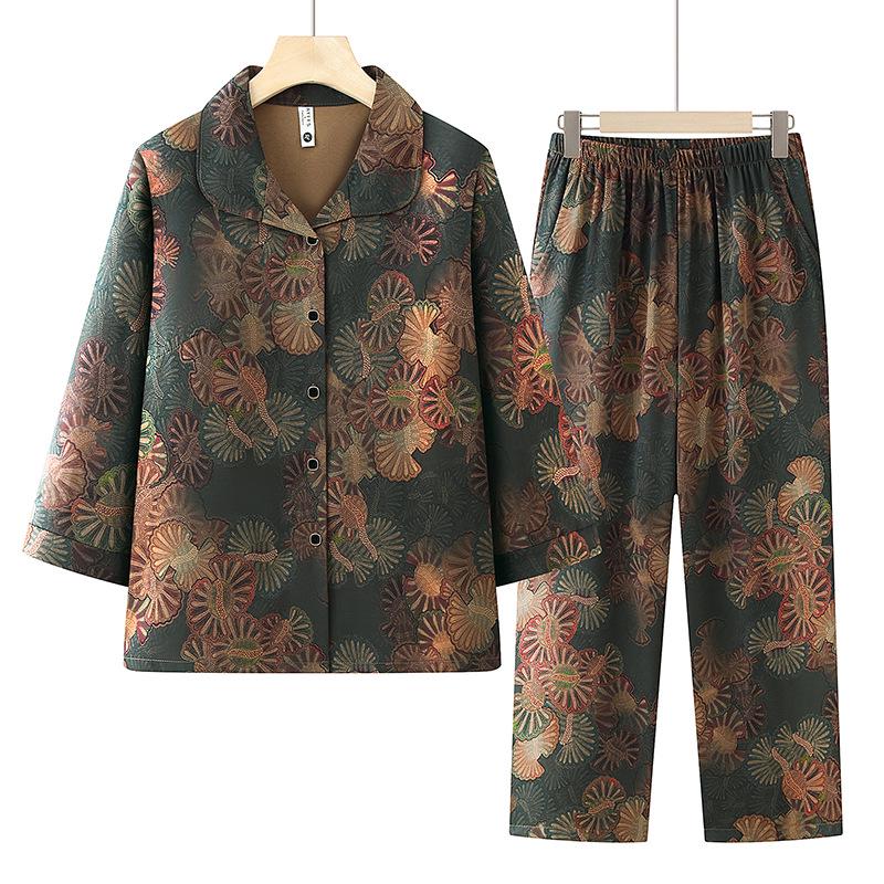 

Summer Outfit for Mature Women: Seven-Quarter Sleeve Top & Pants Two-Piece Set XL (recommended 40-53 kg) темно-зеленого