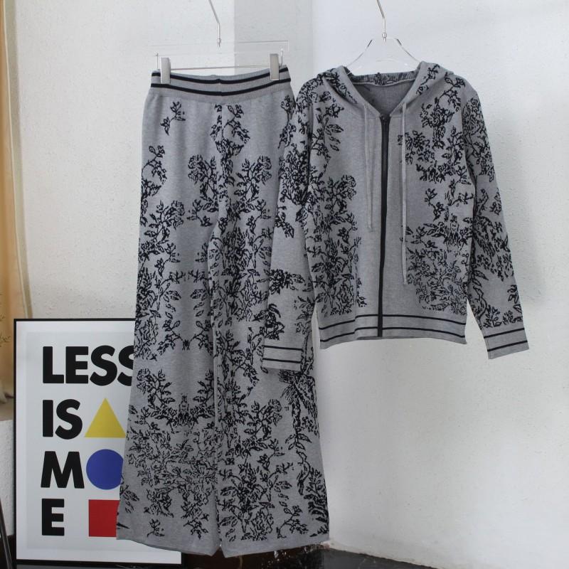 Plant Flower Hooded Coat Wide-leg Pants Two-piece Knitted Top Neutral Wind Suit Women