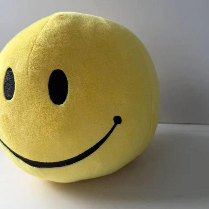 Oversized Yellow Round Smiley Face Cuddly Cushion Embroidery Joyful Face Figure Silky Soft Companion Furry Toss Pad Room Display Surprise