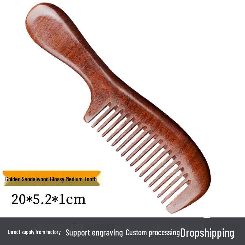 Golden Sandalwood Comb: Souvenir with Text Pattern, Thick Wooden Handle, Hairdressing Meridian Gift