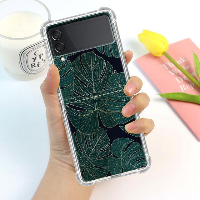 Blader Luksus Luksus Etui For Samsung Galaxy Z Flip 3 4 5g Funda Z Flip3 Gjennomsiktig PC Hardt Støtsikkert Bakside Telefon Coque Skall