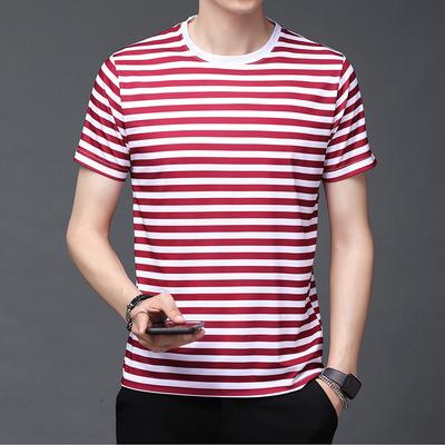 Sommer New Style Jugend Dünn Mercerisiert Lose Gestreift Rundhals Herren Casual Kurzarm Kragenloses Hemd Herren Trend