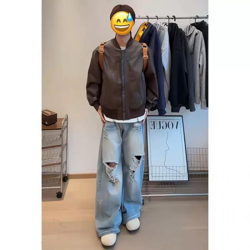 Mens Short PU Leather Harrington Jacket Casual Loose Fit Trendy Streetwear Teens