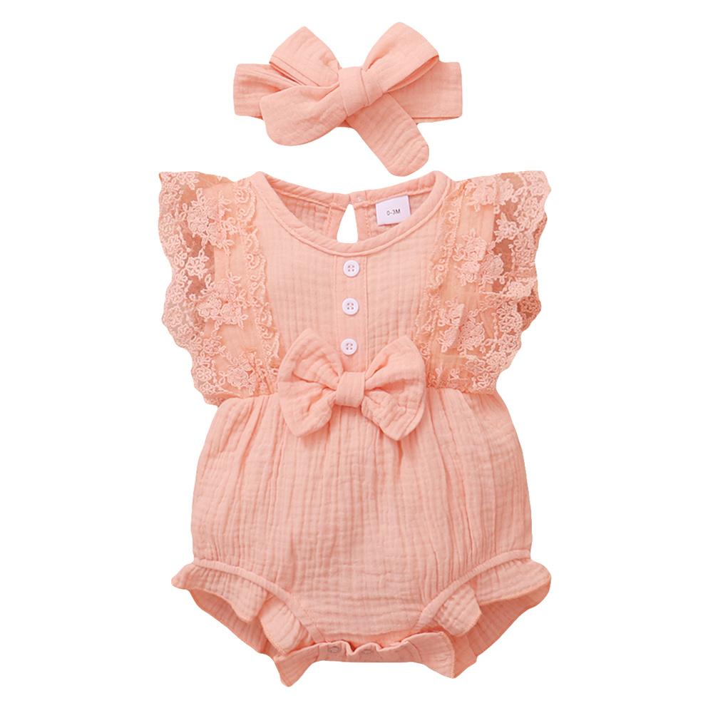 0-18 Months Newborn Baby Girl Plain Soft Bodysuit Lace Flared Sleeve Summer Romper with Headband Toddler Baby Girl Clothing 0-3M розовый
