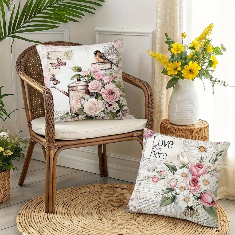Vintage Floral Boho Farmhouse Pillow Covers Pink Roses Daisies Hydrangeas Decorative Cushion Covers For Sofa Bedroom Home Decor
