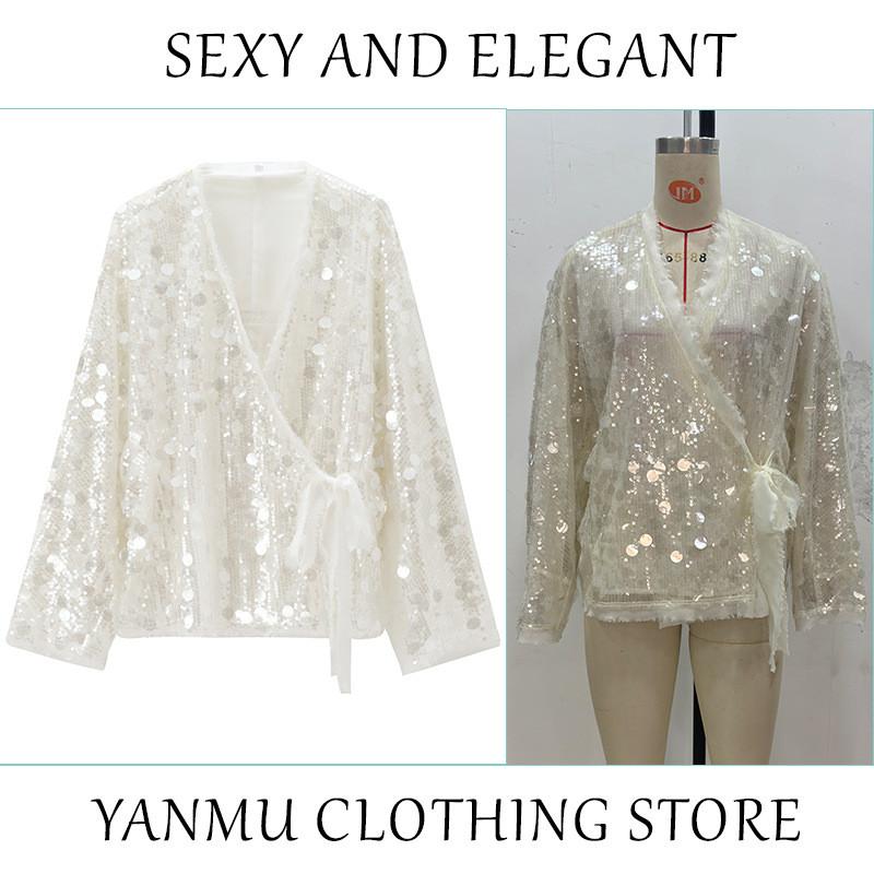 Elegant Polyester Long Sleeve V Neck Blouse With Sequins For Office Women
