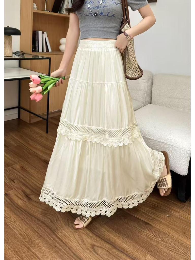 French Lace Patchwork A-line Elastic Waist Skirt