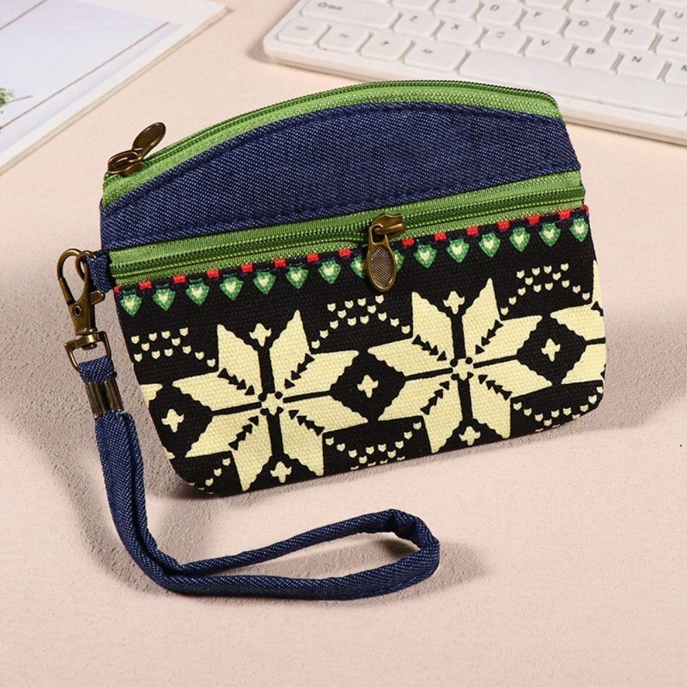 New Printed Fabric Money Bag Double Zipper Ethnic Style Handbag Coin Purse Women Girls