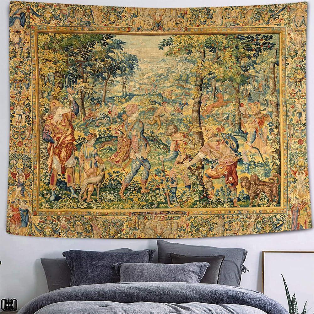 Medieval Forest Tapestry, Vintage Wall Hanging with Renaissance Style Court Scene In Lush Greenery, for Bedroom Decor