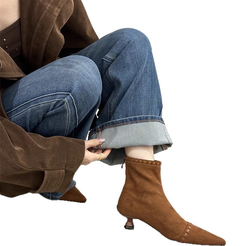 Korean niche fashionable suede thin heel short boots women's 2025 autumn and winter new commuting versatile zipper thin boots