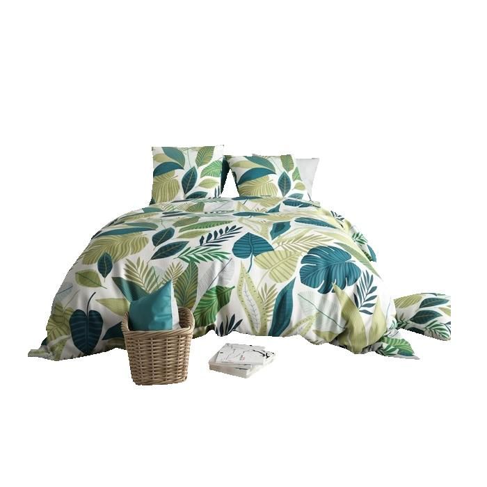 Parure de lit - Housse couette + 2 taies - 220 x 240 cm - Feuillage tropical - 100% coton doux