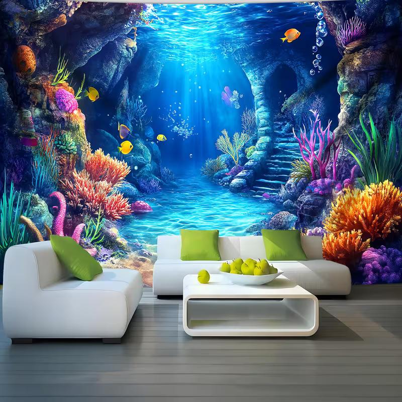2D Deep Sea World Tapestry, Blue Ocean Cave Coral Wall Hanging for Home Decor
