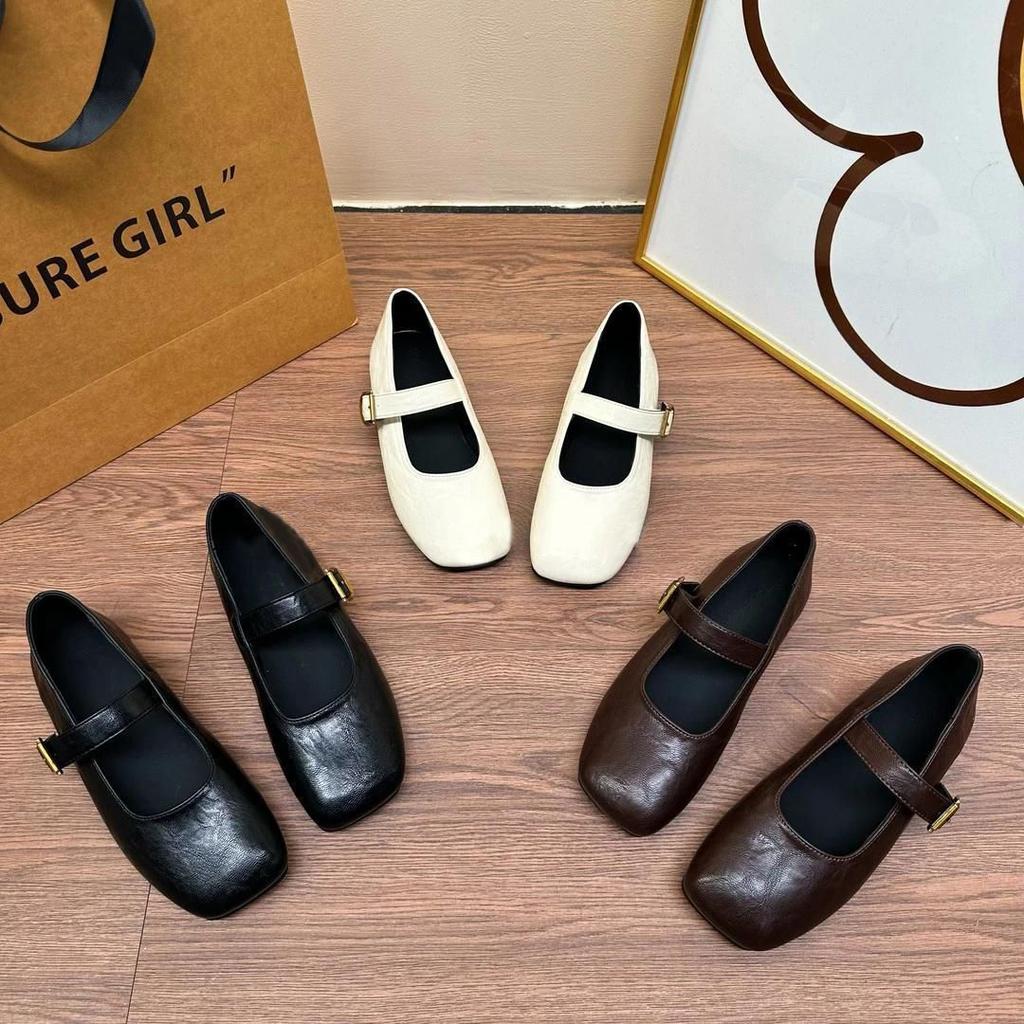 2025 New Mary Jane Shoes Female Genuine Leather Square Toe Flat Ballet Shoes Cowhide Ladies Shoes