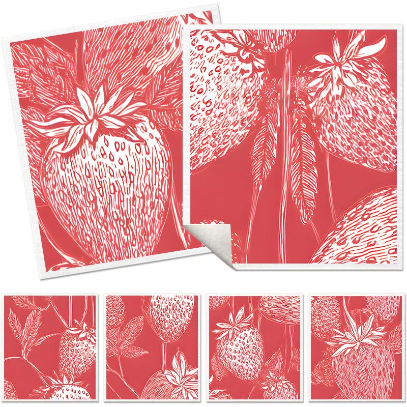 Cleaning Cloth Reusable Kitchen Dish Towels Eco-friendly Microfiber Red Strawberry Print Dishcloths Lint Free Washable Duster Rags Tea Towels 9*7inch