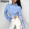Girl's Spring Korean Style Long Sleeve Blue White Shirts Women Button Cropped Tops Polo Collar Blouses Streetwear