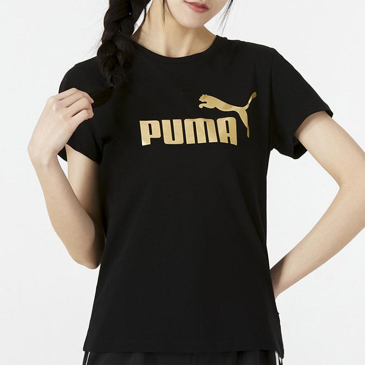 Puma Logo Print American Vintage Running Sports Crew Neck Short Sleeve T-Shirt Women Tops Black 670947-01
