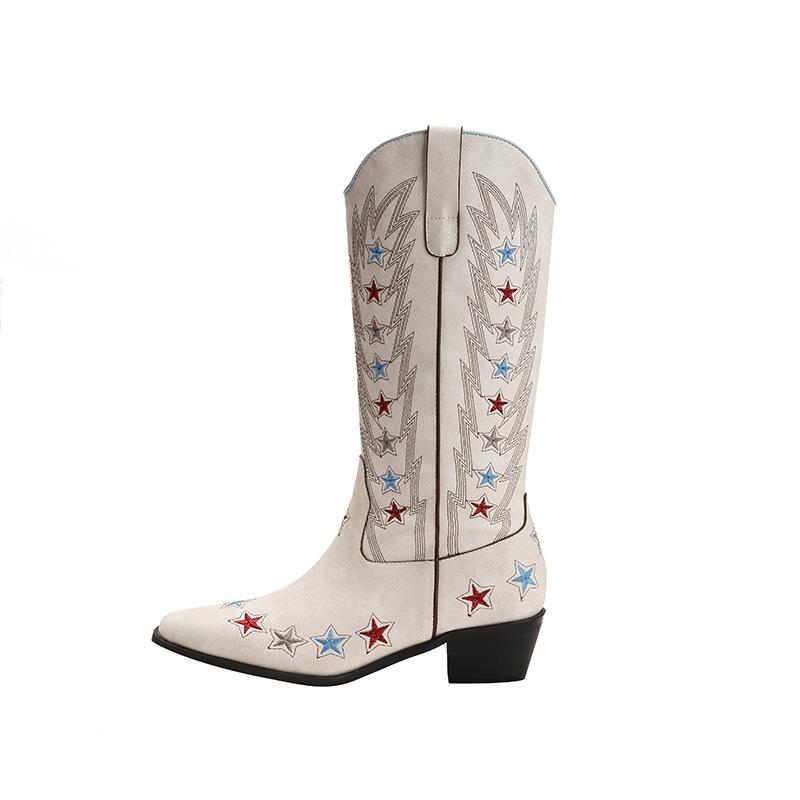 Retro pointed thick heel tall knight boots western cowboy boots European and American style graffiti women's boots 2025 autumn and winter new