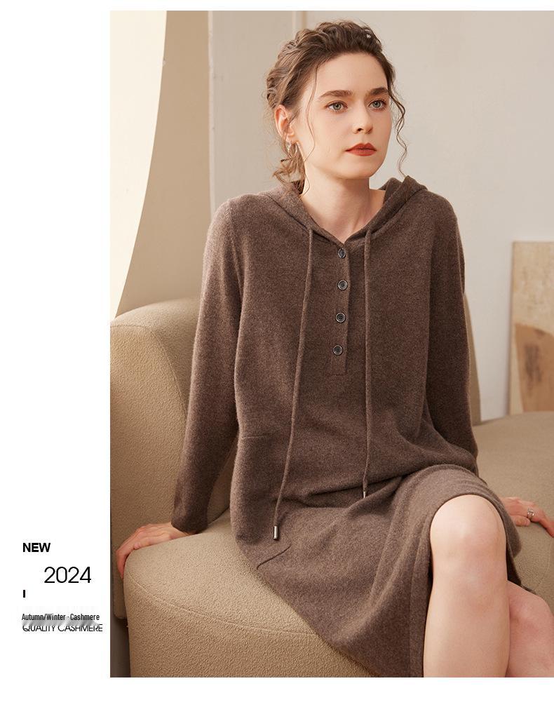 Women's Hooded Cashmere Dress with Pockets - Mid-Length, Loose Fit, Autumn/Winter 2024 Collection