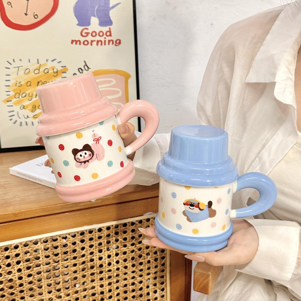 Cute Polka Doll Puppy Kettle Cup Ceramic Mug with Lid Spoon Couple Home Coffee Breakfast Cup Souvenir Gift