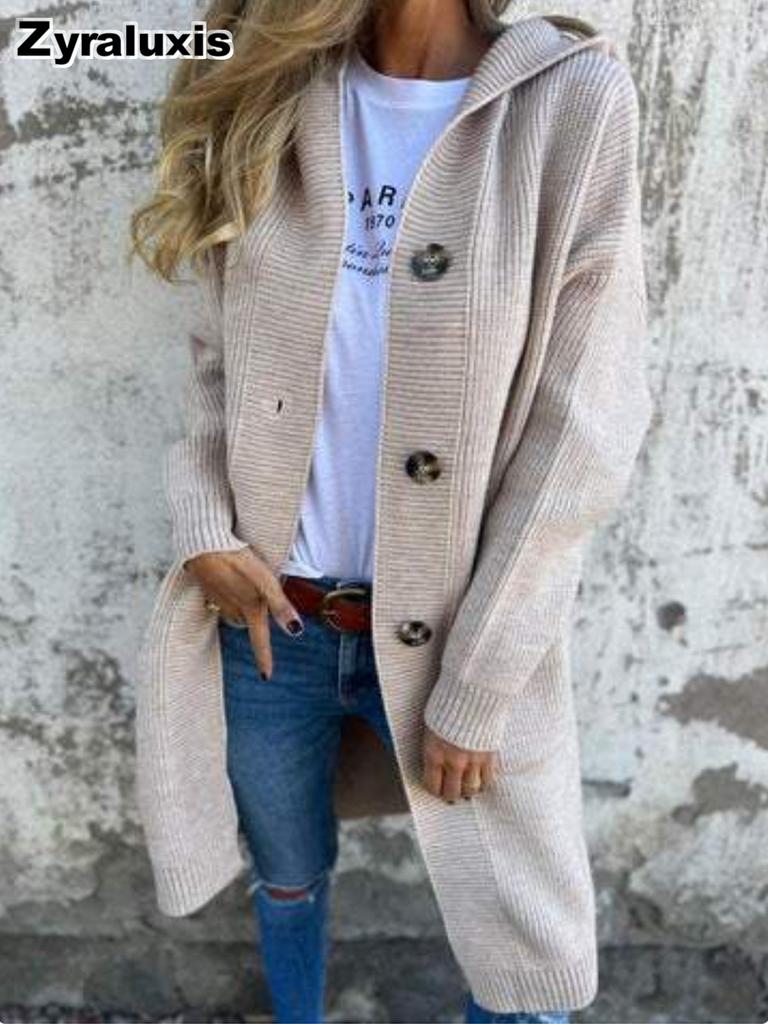 Cardigan in Maglia da Donna Autunno Inverno Manica Lunga con Tasche Abbottonato con Cappuccio Cappotto Maglione per Donne