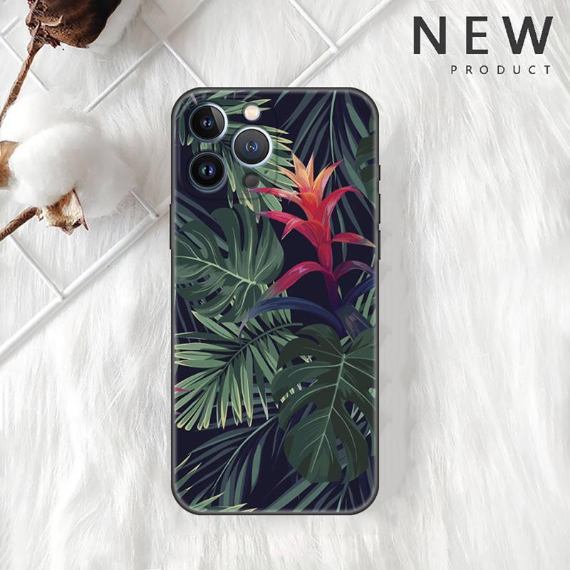 

Tropical Green Plant Leaf Case For Apple iPhone 11 15 13 14 Pro Max 12 Plus X 15Pro Black Silicone Phone Coque iPhone 13