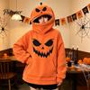 Oversized Jack-O-Lantern Costume Women Halloween Pumpkin Hoodie, Fall Long Sleeve Hooded Sweatshirt with Pocket Pocket, Holiday Pullover Top