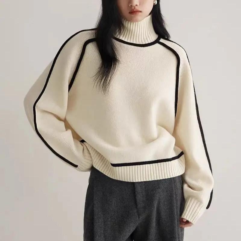 Maglione Dolcevita Autunno Inverno Donna Lavorato a Maglia Patchwork Morbido Caldo Spesso Casual Top