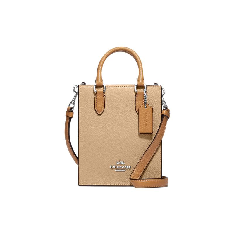 

COACH N/S 17 Silver logo plate logo Pebbled leather Tote bag Tote shopping bag hand-held shoulder crossbody bag small women s brown срібний