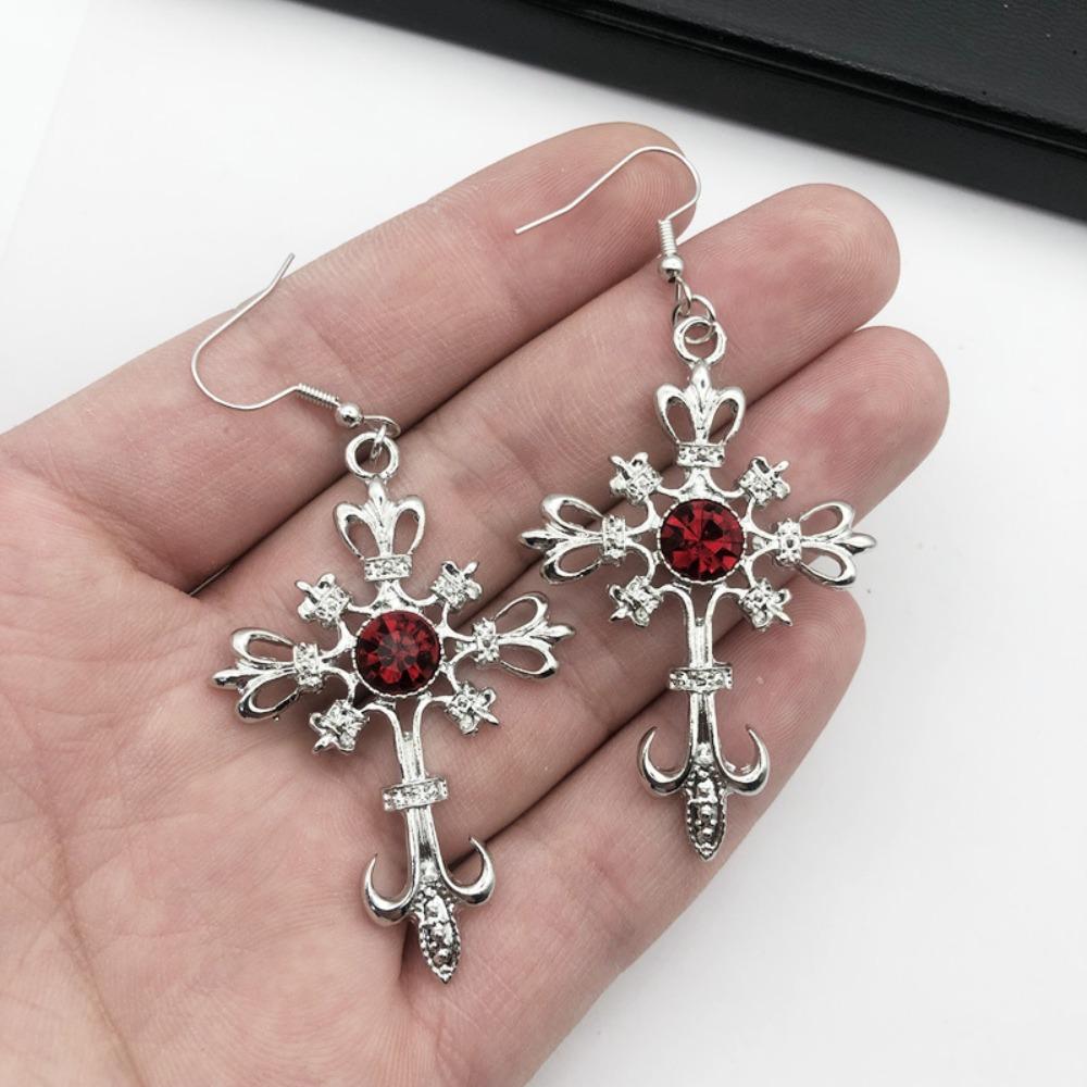 Gothic Punk Hollowed-out Cross Anchor Red Zircon Pendant Dangle Earrings for Women Personality Charm Hoop Earring Jewelry Gifts