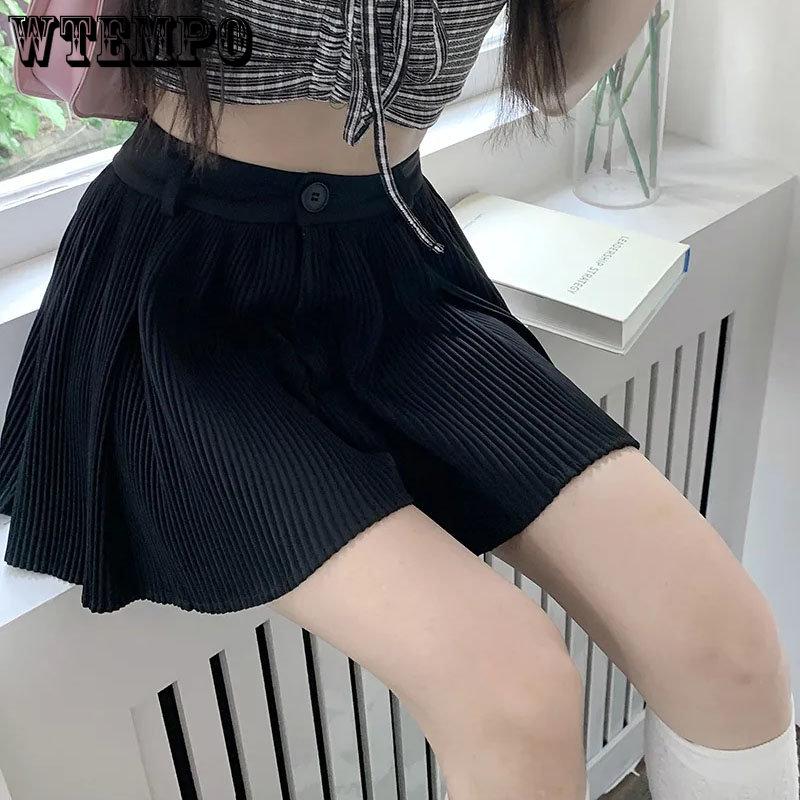 WTEMPO Female Summer Solid A-line Pleated Skirts Women's Elegant Elastic High Waist Slim Casual Wide Leg Black Shorts Skirt