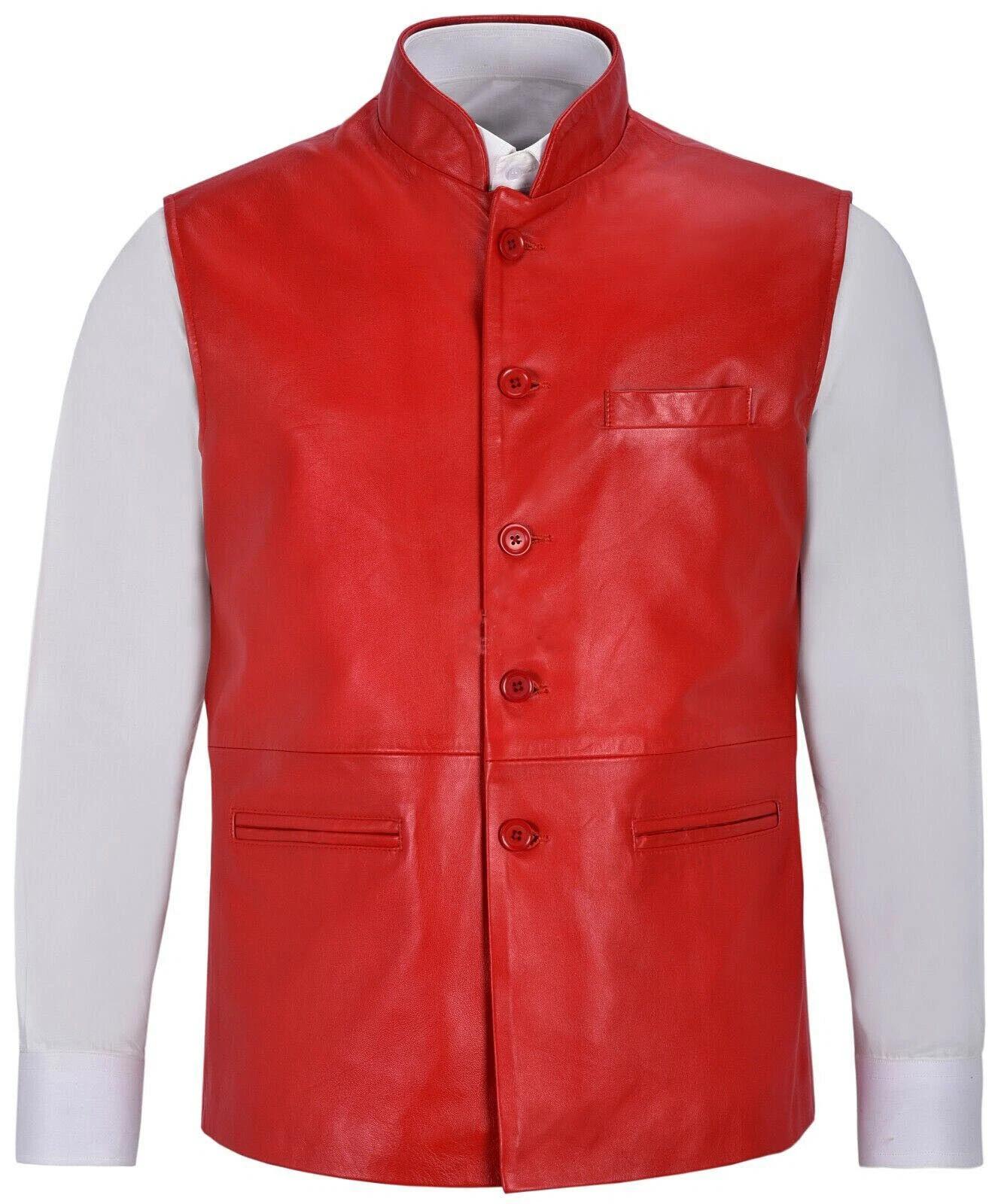 

Leather Men s Vest Coat Button 100% Western Red Real Lambskin Handmade Soft Fit S червоний