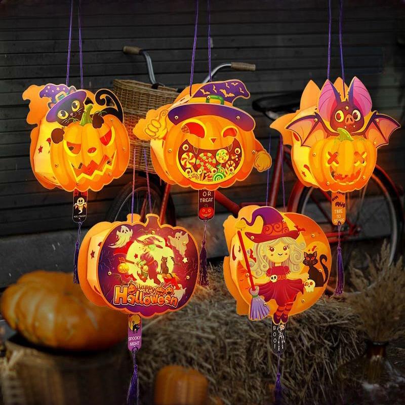 LED Halloween Pumpkin Lantern Decoration Children Diy Material Kit Hanging Paper Honeycomb Glowing Lantern Festival Decor