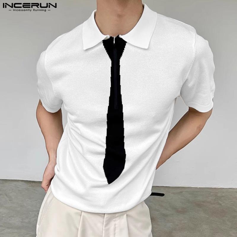 INCERUN Pánské tričko s klopovým límcem, krátkým rukávem, potiskem kravaty a zipem, ležérní topy