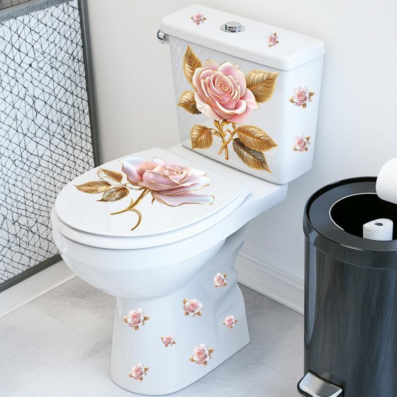Luxury Pink Rose Floral Toilet Sticker, Waterproof Self-Adhesive Bathroom Decor Sticker Wall Stickers Wall Sticker Wall Decor