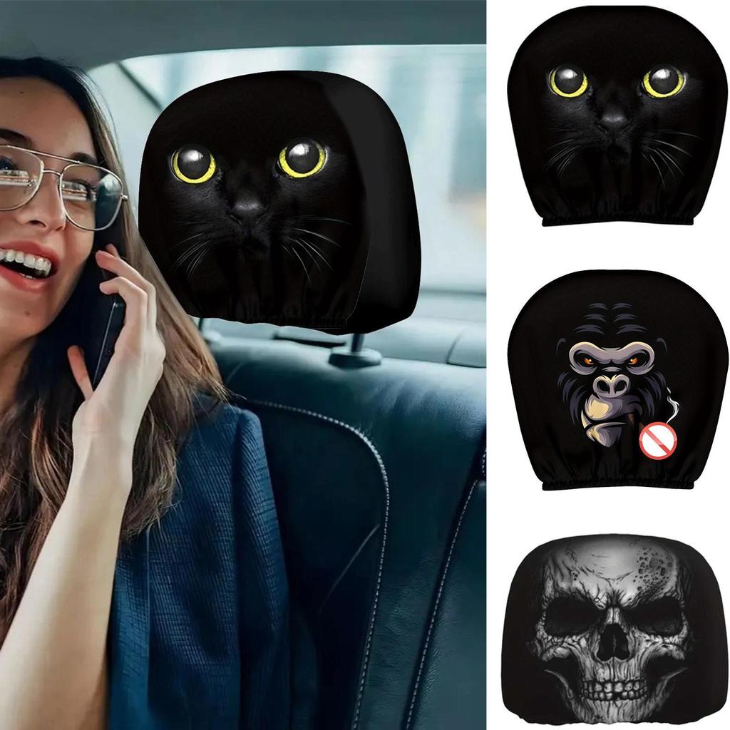 Head Rest Cover 2 Piece Ice Silk Cute Funny Cartoon Car Headrest Covers Automotive Seat Protector For Sedan Suv Truck Vehicle