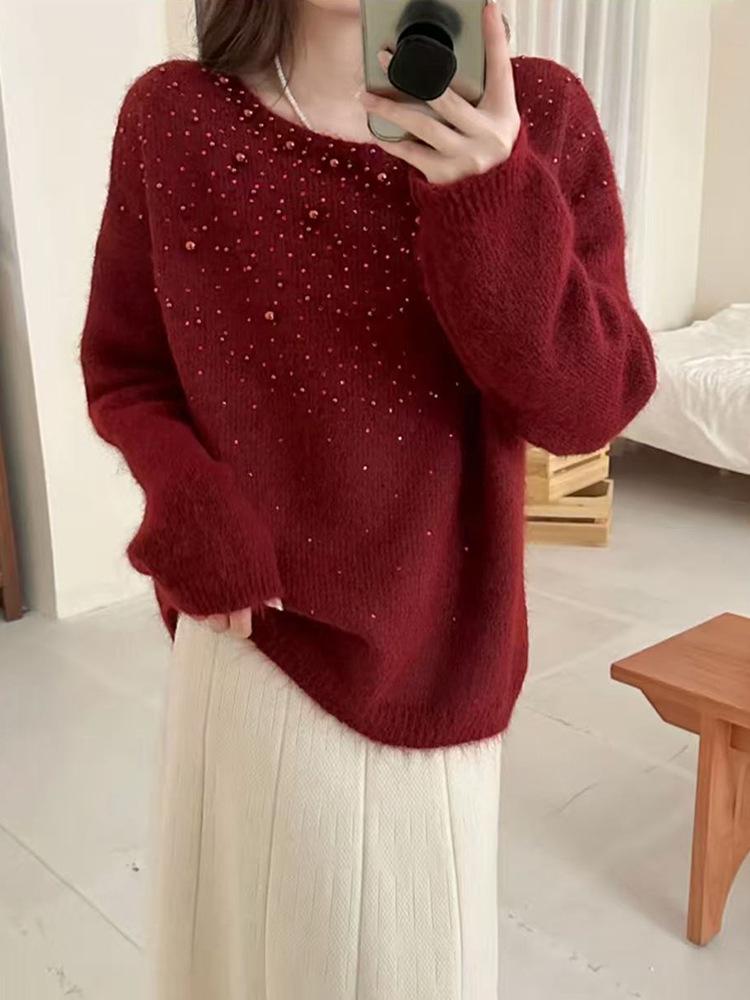 Korean High-End Beaded Knit Pullover for Women - Autumn/Winter Slimming Loose Sweater