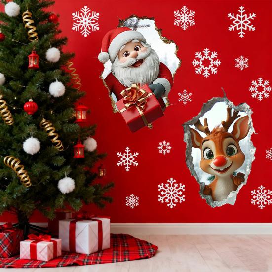 Juleveggklistremerke Realistisk Selvklebende Julenisse Veggdekorasjon 3D Visuell Effekt Tegneserie Elg Klistremerke for Vegger Hjem Stue Lekerom Dekor