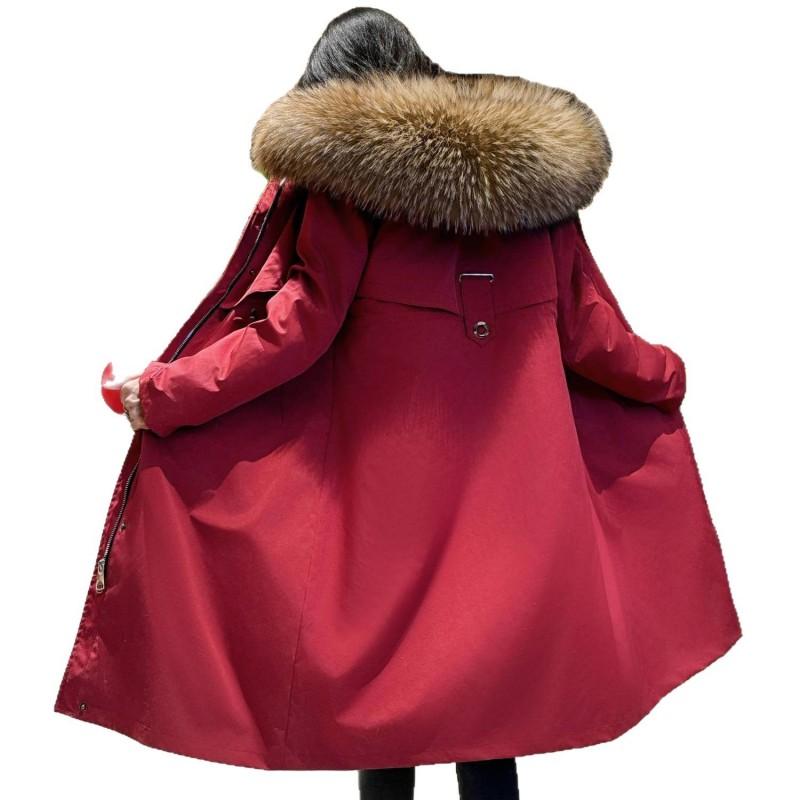 Womens Long Parka Coat Removable Faux Fur Lined Winter Hooded Leather Jacket