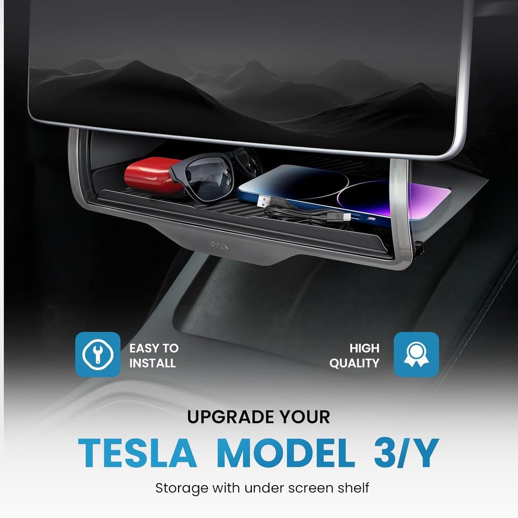 Hideable Under Screen Storage for Tesla Model Y Model 3,Center Console Organizer Tray with Black Anti-Slip Silicone Pad - Model Y 3 Accessories