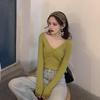 Otoño Invierno mujer cuello en V Color sólido manga larga plisado parte inferior de punto suéter elegante