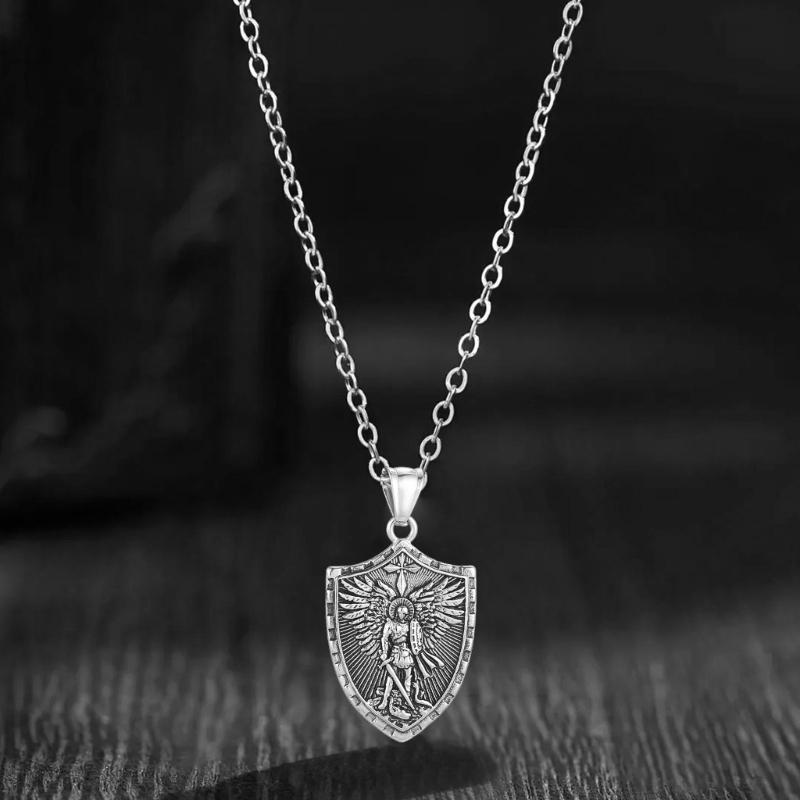 Stainless Steel Pendant Necklace Punk Style Archangel Necklace Stainless Steel Angel Shield Pendant Neck Jewelry