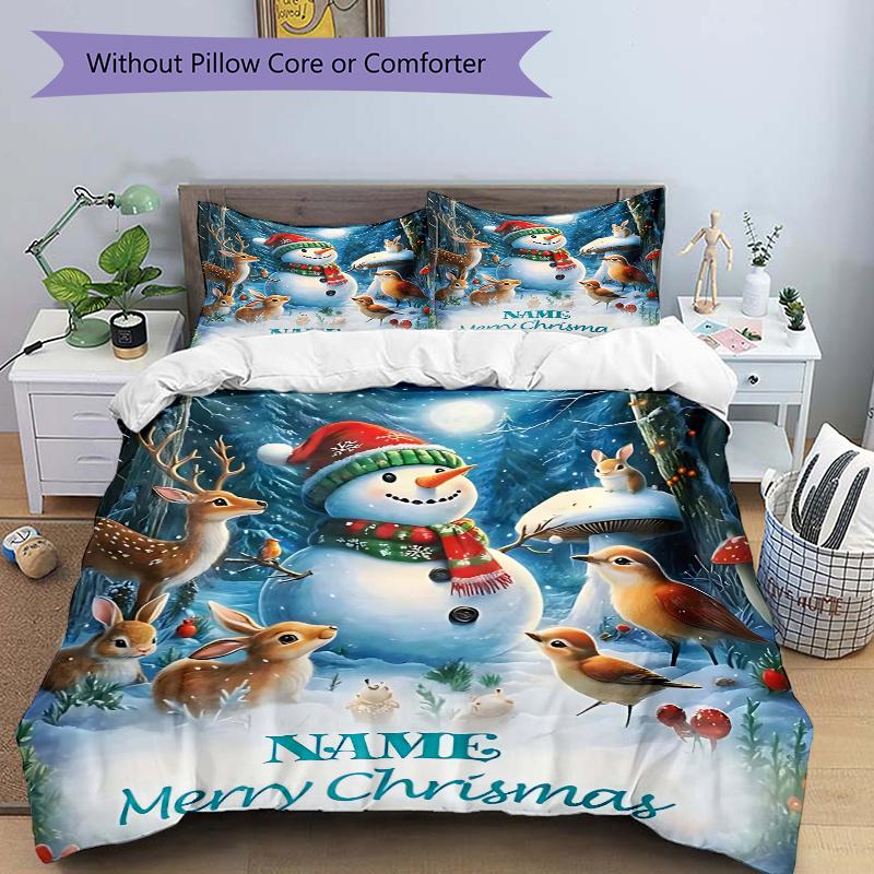 

3pcs Christmas Snowman with Animals Bedding Set - Includes One Quilt Cover and Two Pillowcases (No Core) - Festive Gift for Bedroom Decor - Polyester 135x200cm