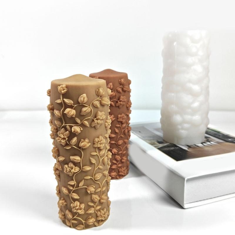 Embossed Floral Leaf Cylinder Silicone Candle Molds for Epoxy Resin Handmade Candle Soap Fondant Chocolate Candy Cake