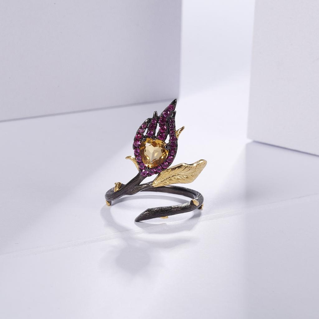 Original designer high-end floral ring, adjustable, natural style design s925 silver natural citrine ring
