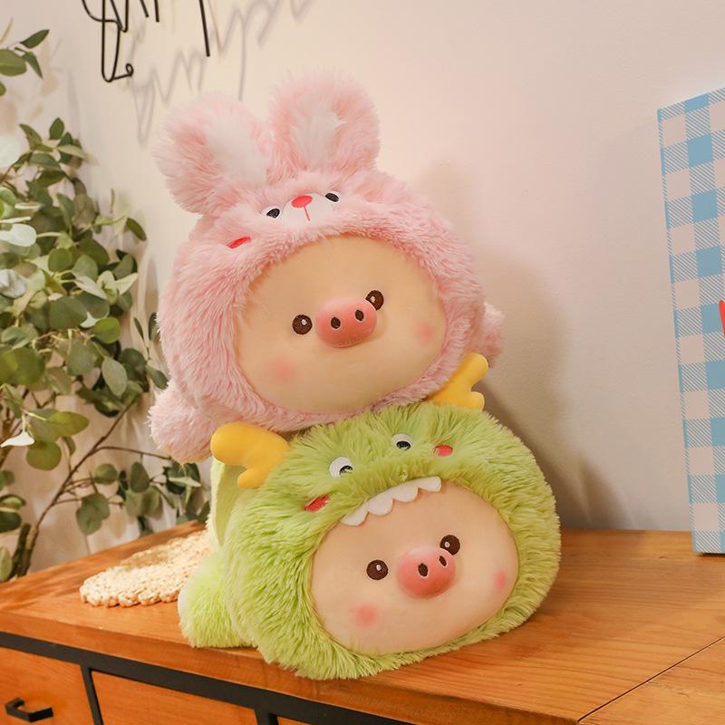 Cartoon Dinosaur Transforming Plush Pig Toy - Long Fur Sleeping Hug Pillow